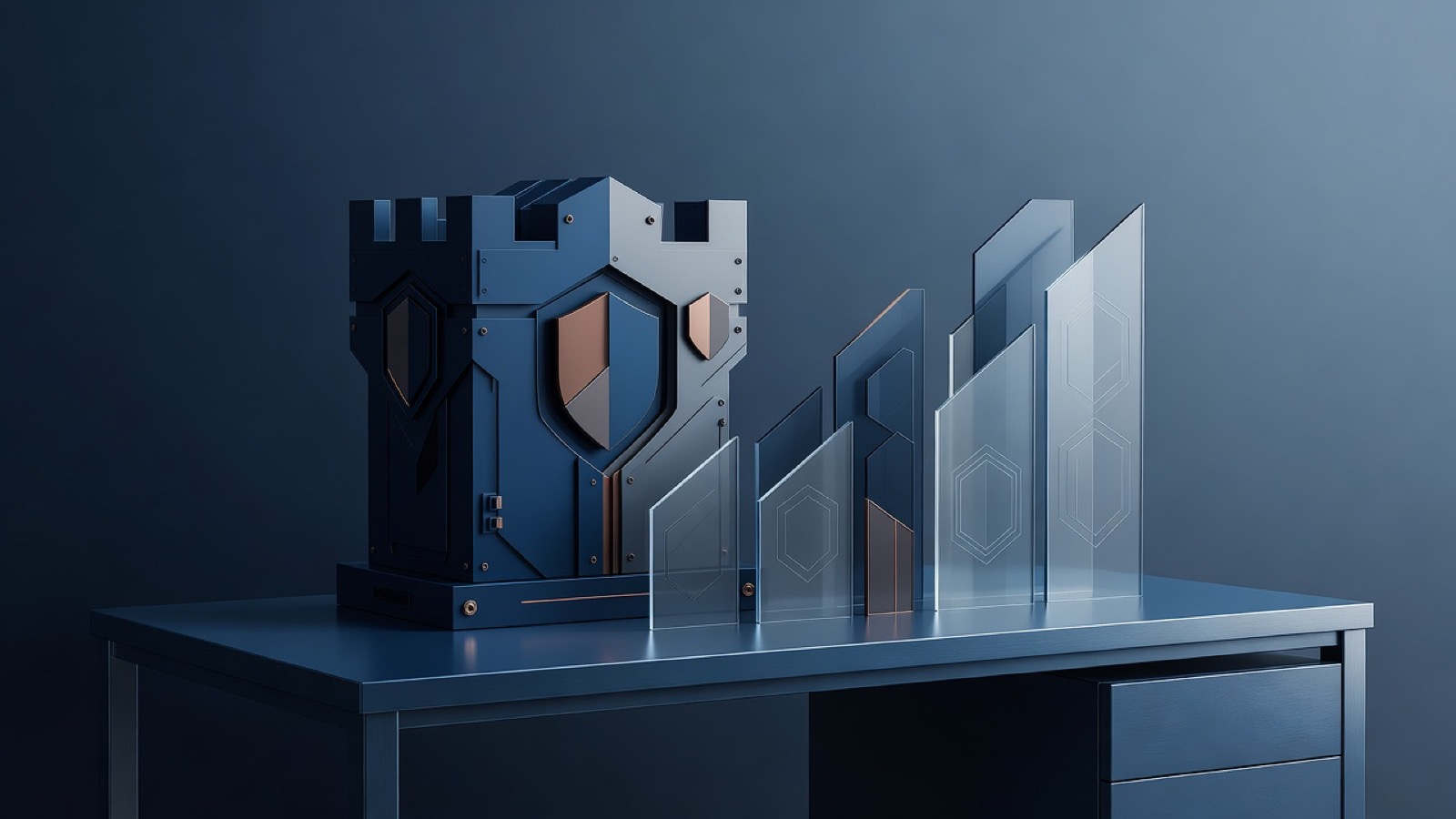 Geometric castle and shield forms beside translucent panels