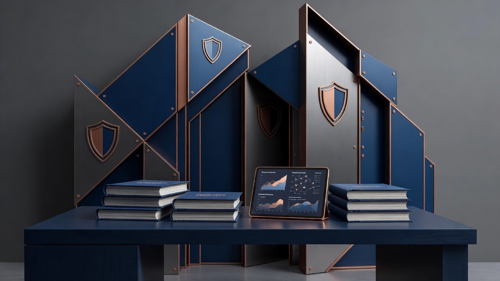 Blue and copper shield panels, books, and a tablet on a desk