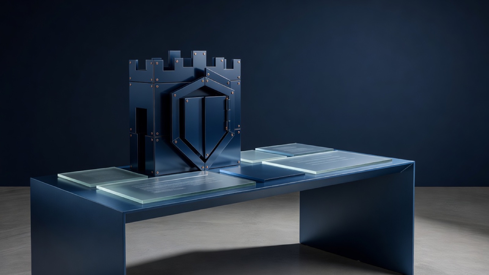 Blue shield-shaped structure and translucent document sheets on a table