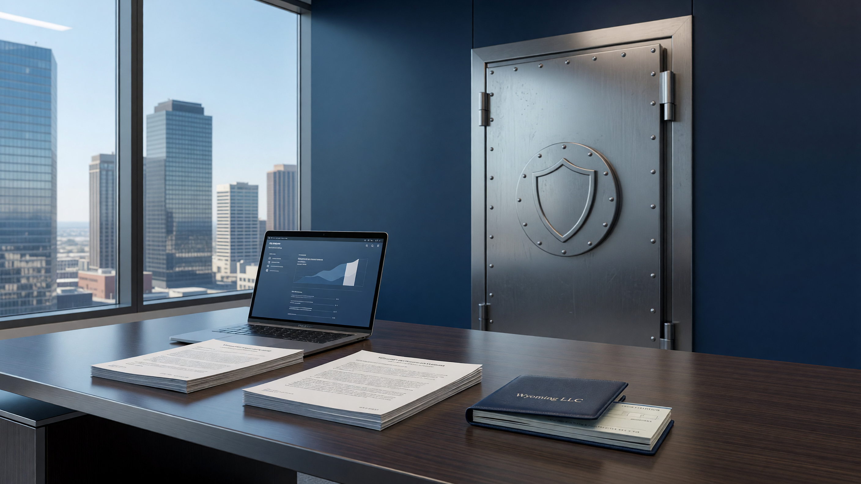 Wyoming LLC formation and asset-protection documents on a desk