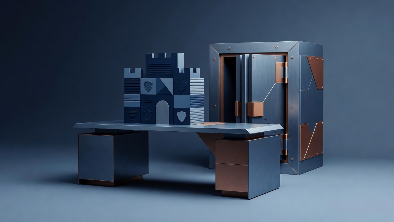Geometric castle and safe-like structure on a desk