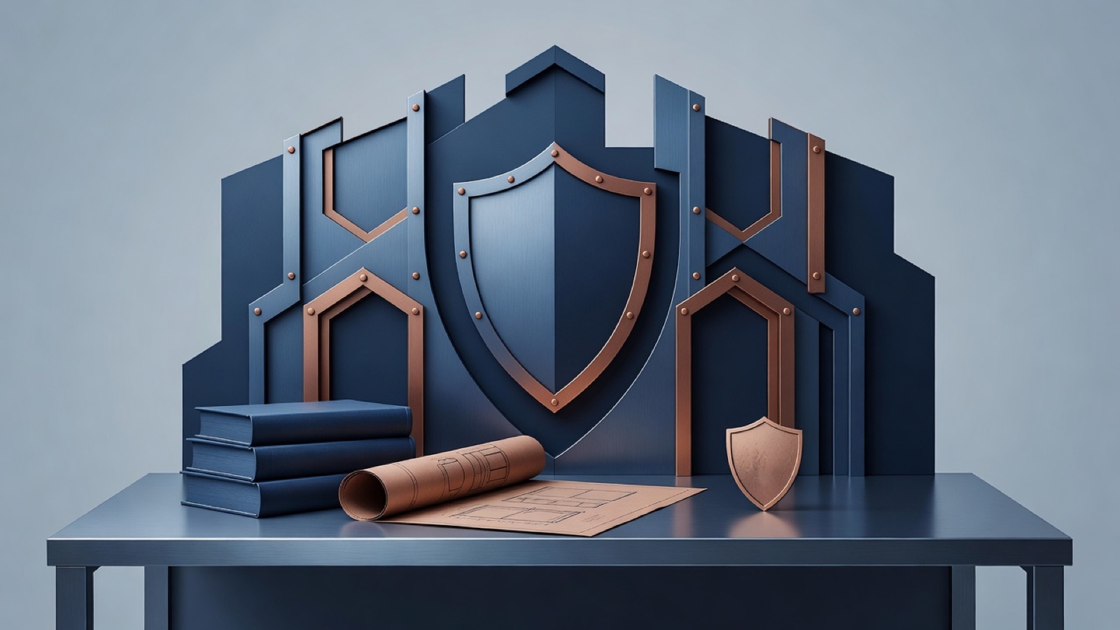 Large shield-shaped panel with books, a rolled plan, and a small shield