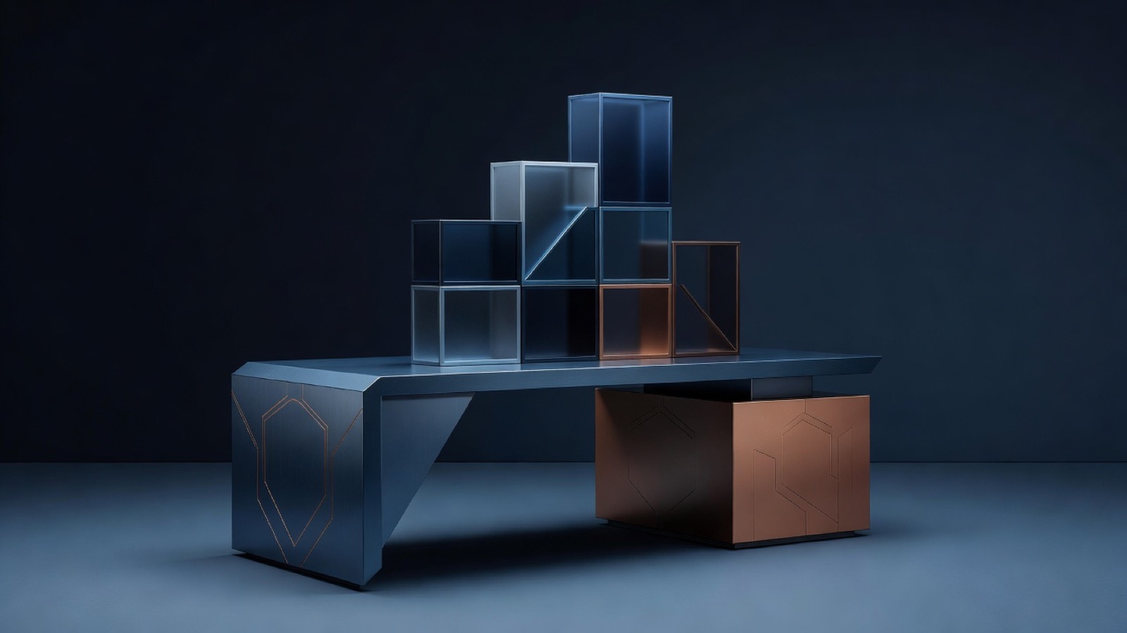 Stacked translucent geometric cubes on a desk
