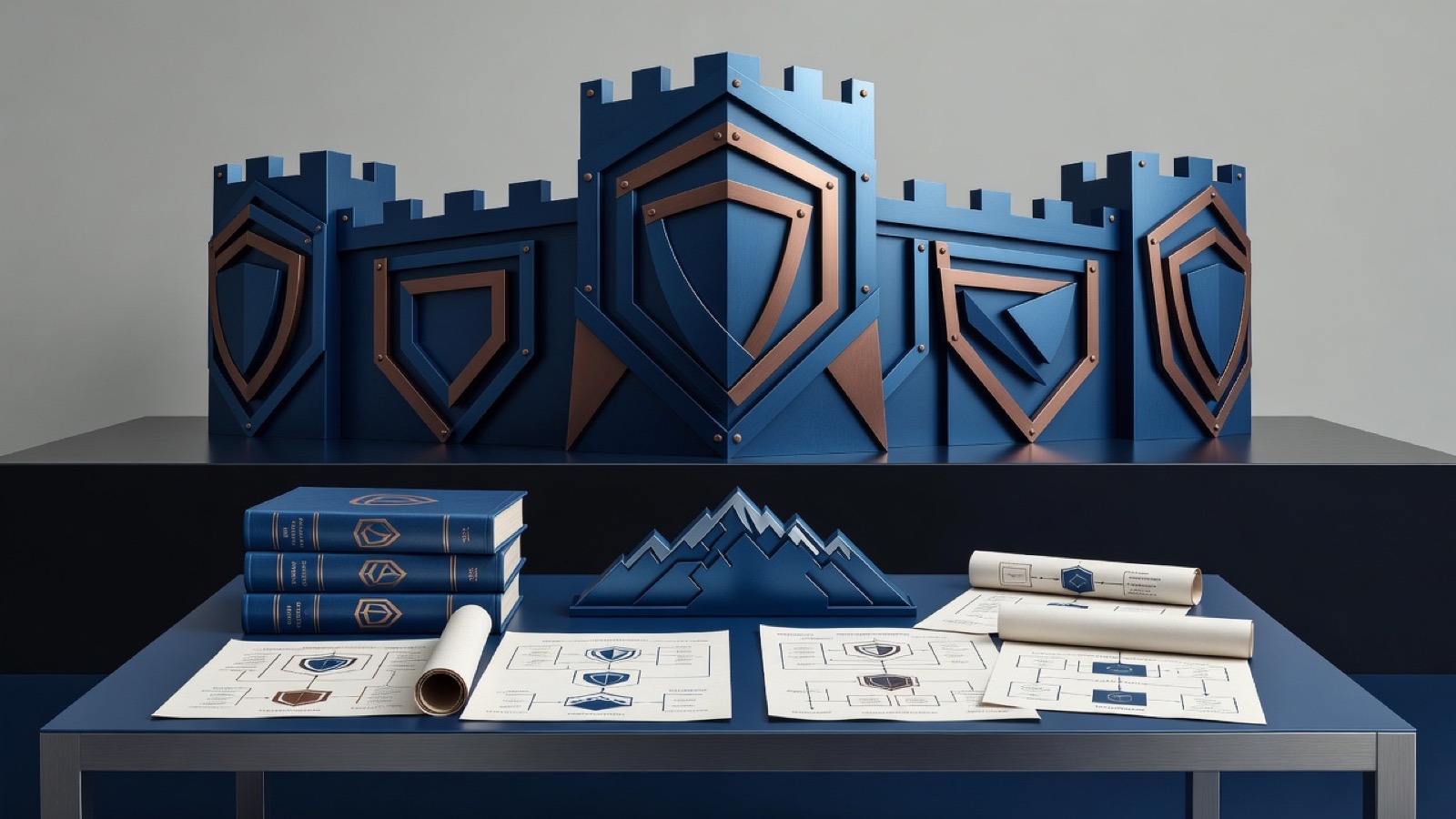Blue castle-like panels and shield motifs above books, rolled plans, and architectural drawings