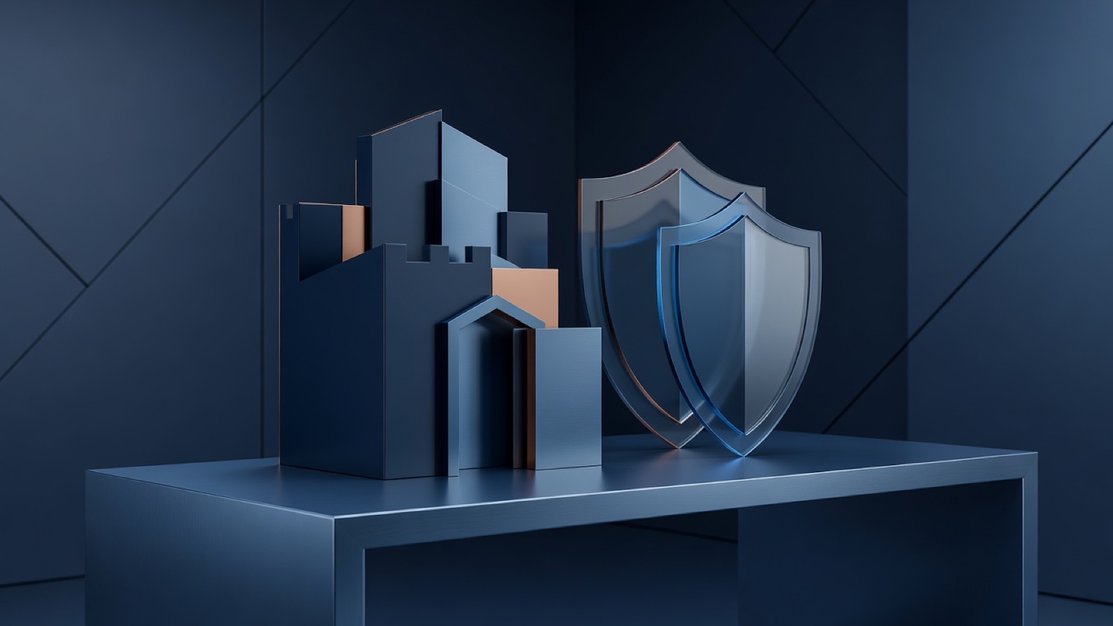 Geometric building forms beside overlapping translucent shields