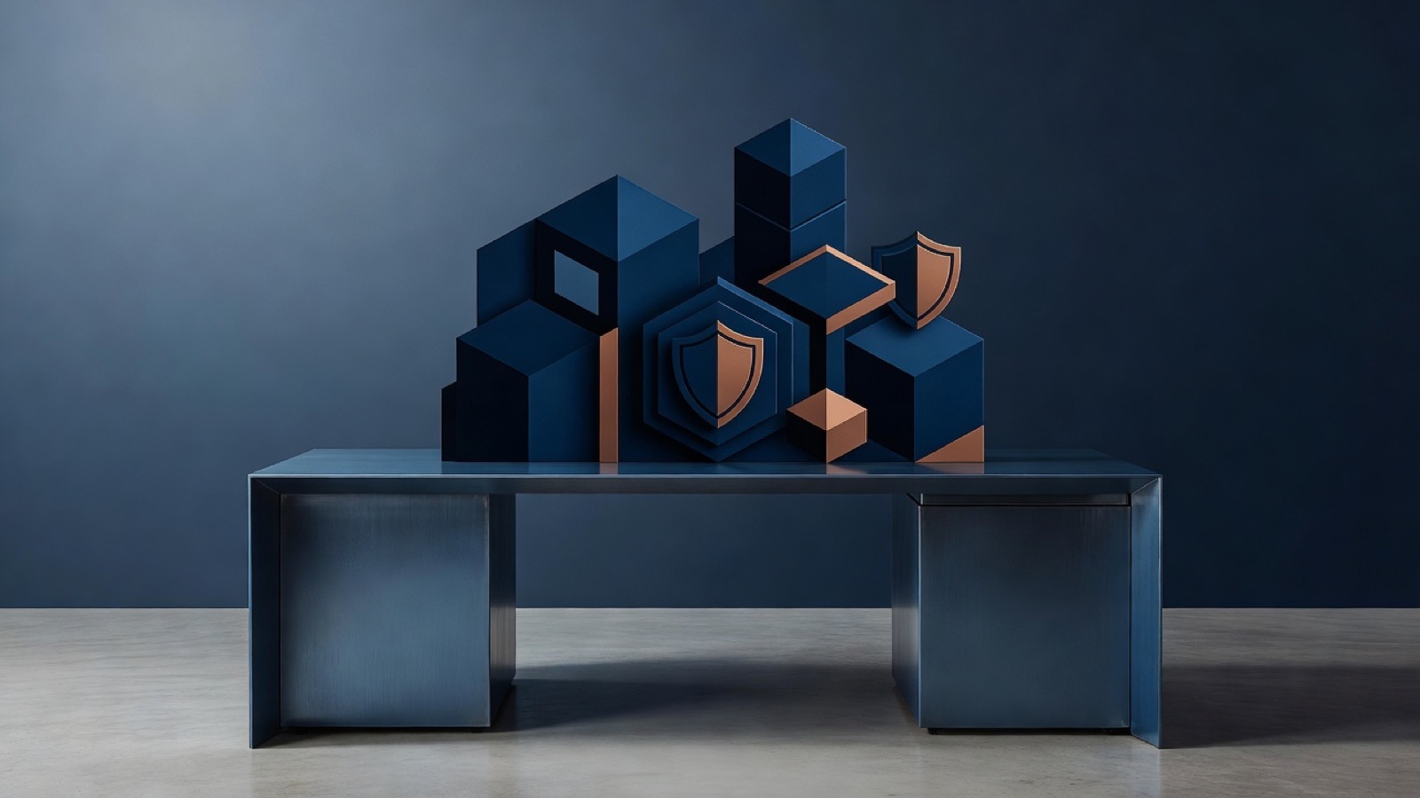 Geometric blue blocks and shield forms on a desk