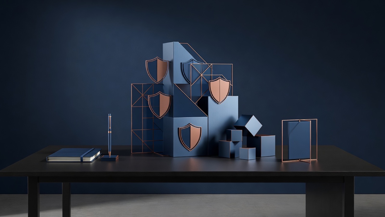 Blue geometric blocks with copper shield outlines, books, and a pen on a desk