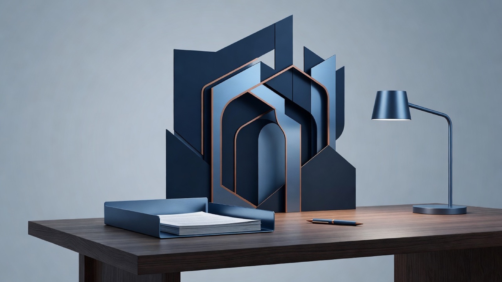 Abstract blue archway forms with a document tray, pen, and desk lamp