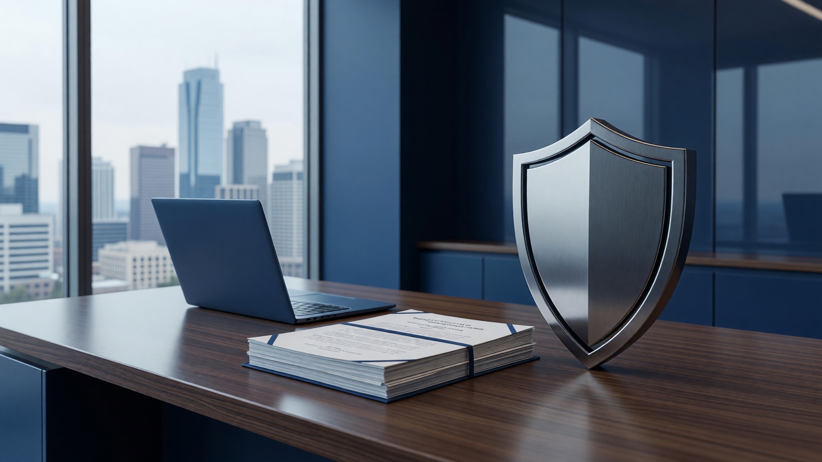 Laptop, bound document stack, and freestanding metal shield on a desk beside city windows