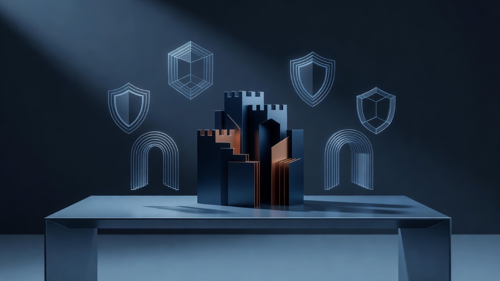 Blue geometric castle form surrounded by glowing shield and cube outlines