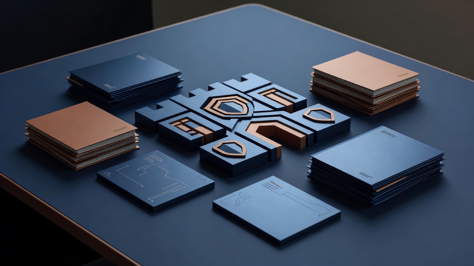 Blue and copper geometric title blocks surrounded by document stacks