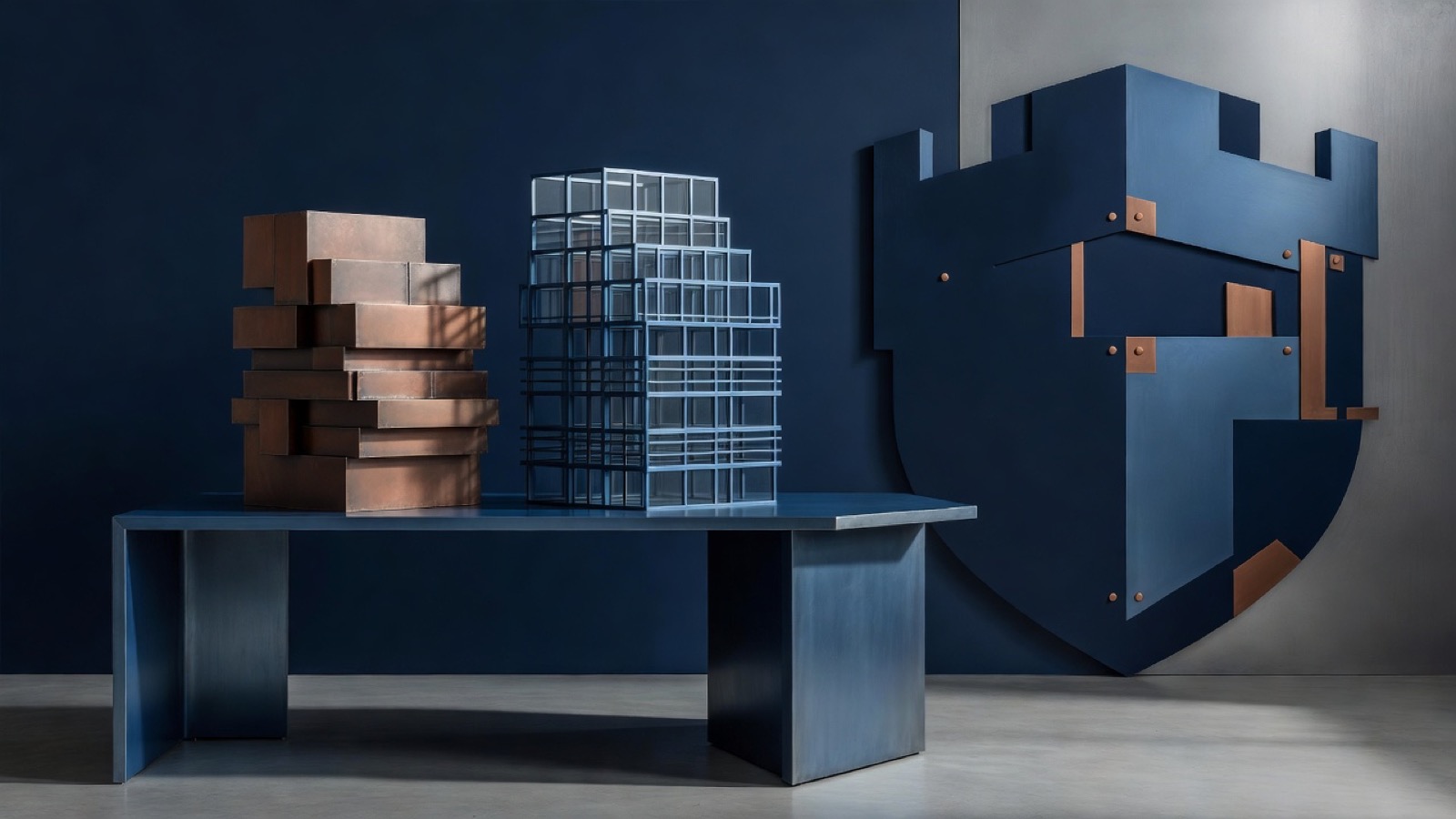 Copper and glass geometric forms beside a large shield-like structure