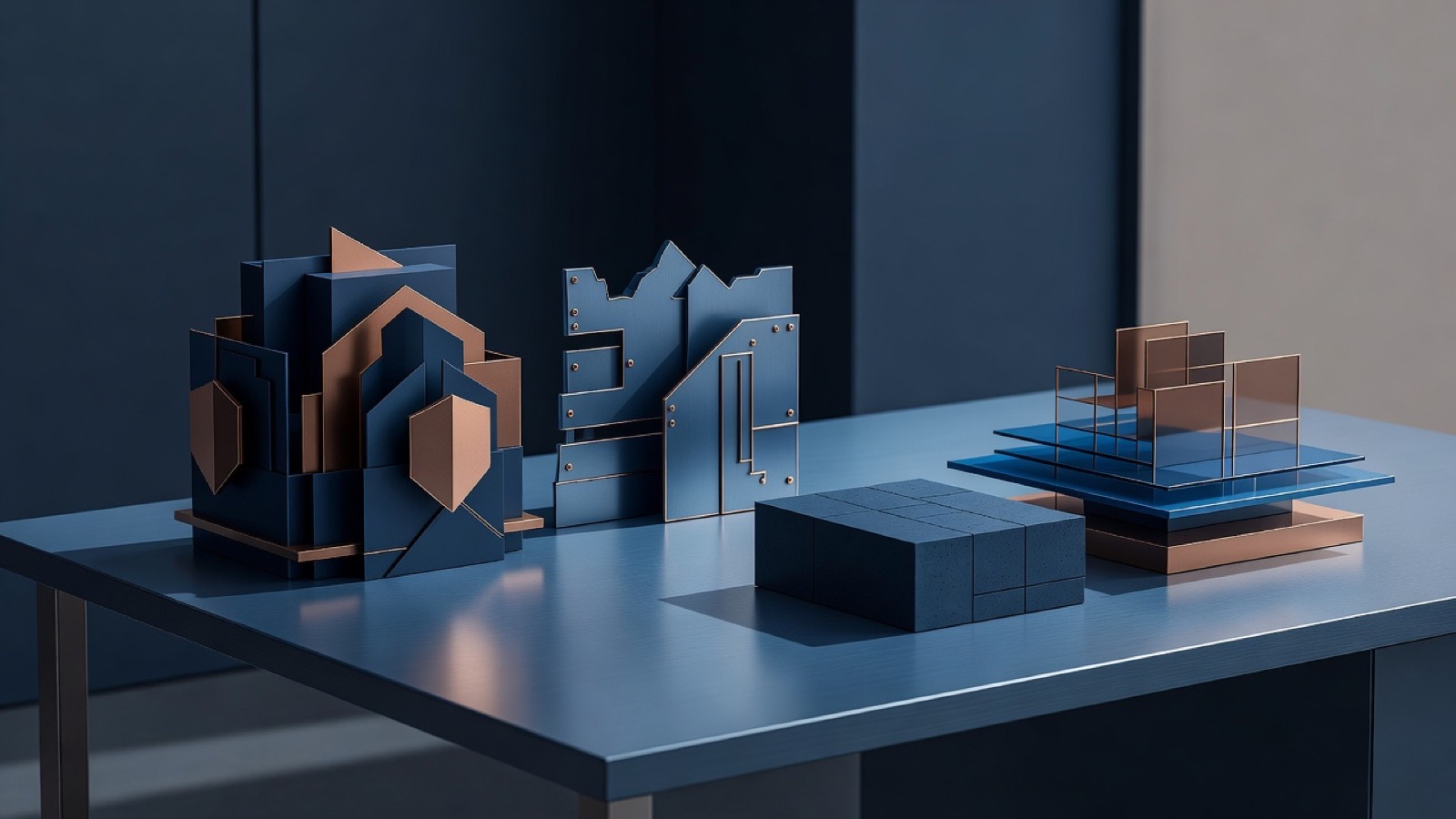 Grouped blue, copper, and glass geometric structures on a table