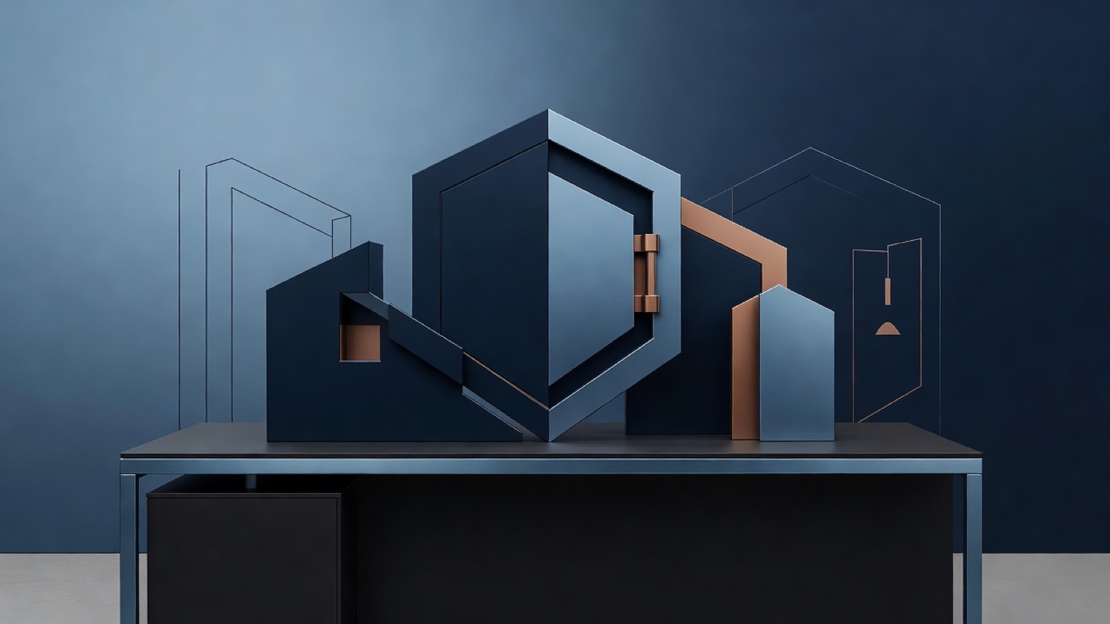 Layered blue and copper geometric building forms with a large open rectangular frame on a table